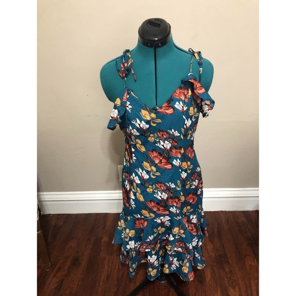🧺Hayden Teal Floral Print Cold Shoulder High Low Ruffle Midi Dress, L - Picture 1 of 5